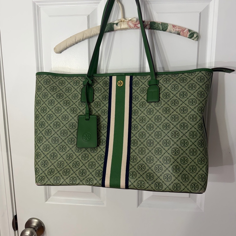 Tory Burch Monogram coated Green Logo-Print Stripe Tote